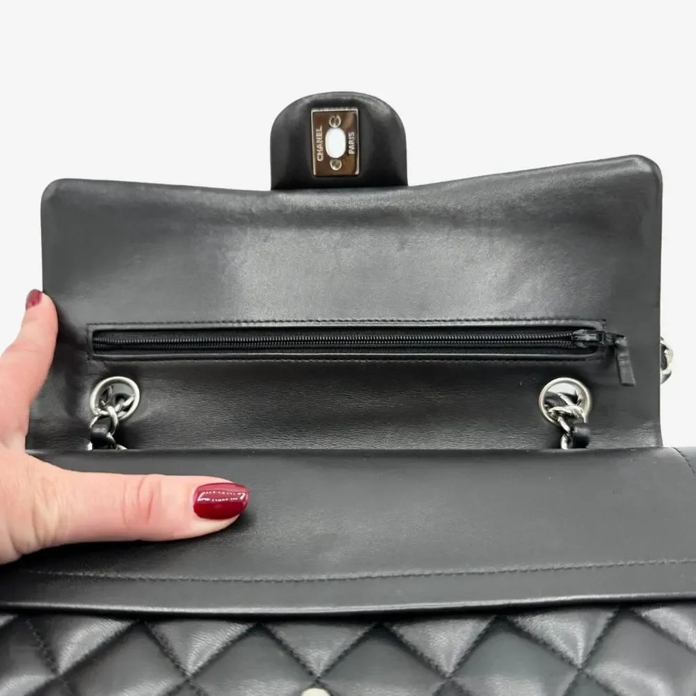 AUTHENTIC Chanel Medium Double Flap Black Lambskin w Silver Hardware from 2012 - Picture 11 of 15